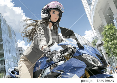スポーツバイクで通勤する女性ライダーのイラスト素材 128916623