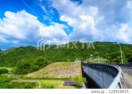 夏空の奈良布目ダム　北東の空に沸いた積雲　ダム堰堤上からの風景① 128916635