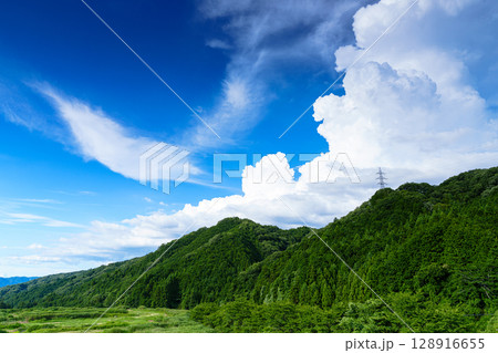 夏空の奈良布目ダム　北東の空に沸いた積雲　ダム東側駐車場横広場にて⑯ 128916655