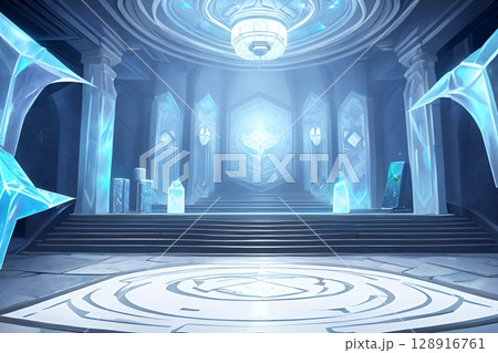ゲーム背景　魔法陣のある水晶神殿の氷の間アーチ柱のアイスホール 128916761