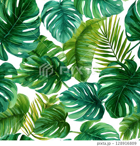 Seamless Tropical Watercolor Pattern with Monstera, Banana Leaves, and Palm Fronds 128916809