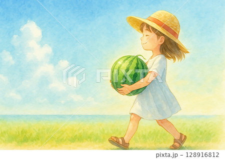 スイカを持って歩く少女 スイカを持って歩く少女 128916812