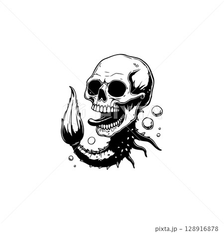 Intricate black and white skull illustration with scorpion tail, gothic and edgy design 128916878