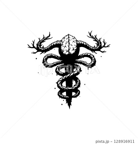 Intricate conceptual medical caduceus artwork illustration featuring brain, snakes, antlers Intricate conceptual medical caduceus artwork illustration featuring brain, snakes, antlers 128916911