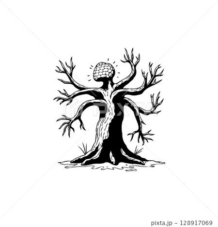 Unique Tree-Person Hybrid Illustration in Black and White, Fantasy concept Unique Tree-Person Hybrid Illustration in Black and White, Fantasy concept 128917069