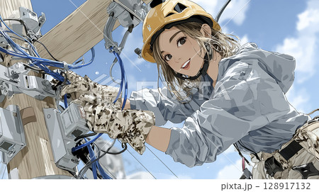 電信柱の上で電気工事をする女性のイラスト素材 128917132