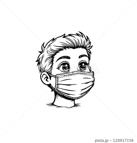 Illustration of a young boy wearing a protective face mask during a pandemic 128917156
