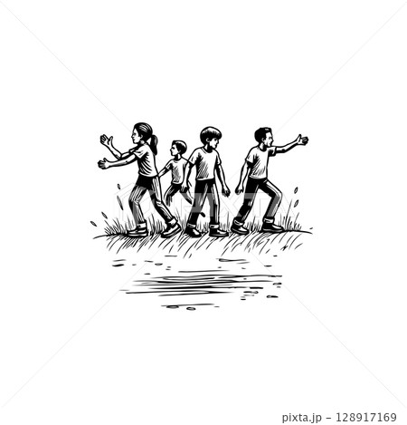 Dynamic illustration of children playing together outdoors in a grassy field sketch 128917169