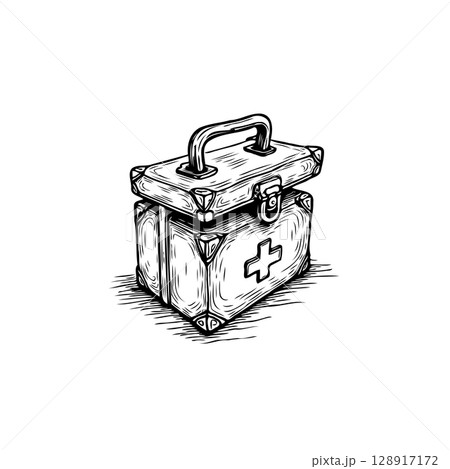 Vintage first aid kit illustration in monochrome style with hatching effect 128917172