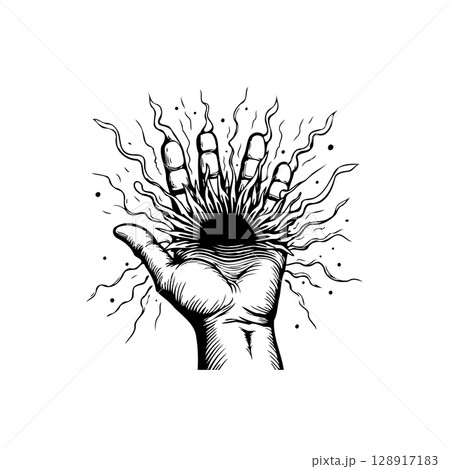 Mystical hand emitting energy with intricate design, conveying power and magic 128917183