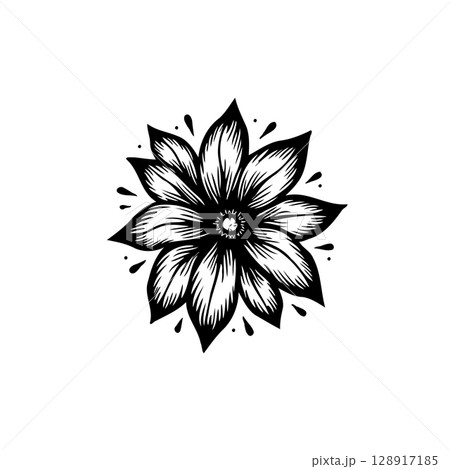 Elegant Black and White Flower Illustration with Detailed Petals and Artistic Style 128917185