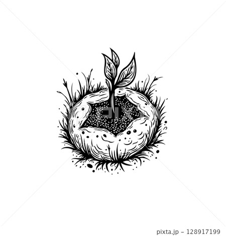 Artistic black and white depiction of a plant growing from a unique seed pod Artistic black and white depiction of a plant growing from a unique seed pod 128917199