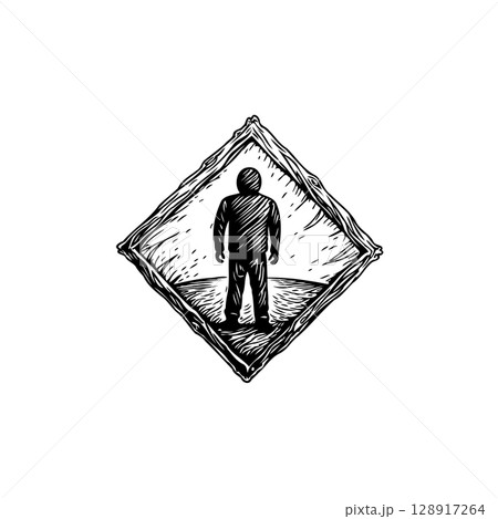 Silhouette of a lone figure in a rustic diamond frame with textured background Silhouette of a lone figure in a rustic diamond frame with textured background 128917264