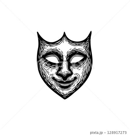 Mysterious mask with a sinister smile in black and white sketch style art 128917273