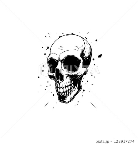 Stylized Monochrome Skull with Splatter Accents for Tattoo Designs or Halloween Stylized Monochrome Skull with Splatter Accents for Tattoo Designs or Halloween 128917274