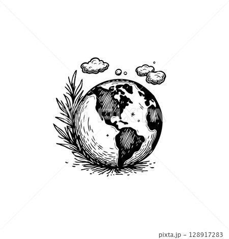 Hand-drawn Earth globe illustration with clouds and plants showcasing environmental theme 128917283