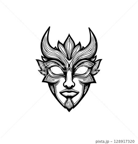 Abstract illustration of a horned mask with intricate line work and monochrome design 128917320