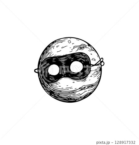 Whimsical Illustration of a Moon Character Wearing a Mysterious Mask with Strings 128917332