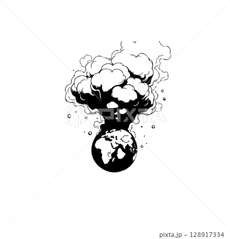 Monochromatic depiction of nuclear explosion emanating from planet Earth drawing 128917334