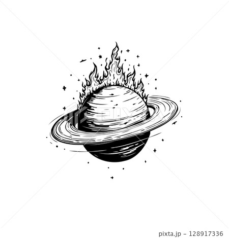 Saturn engulfed in flames: A captivating black and white space illustration Saturn engulfed in flames: A captivating black and white space illustration 128917336