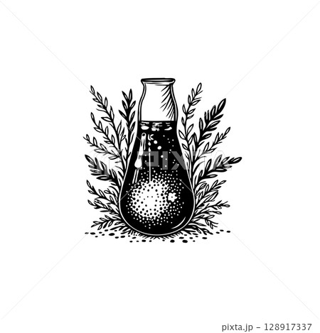 Elegant apothecary bottle illustration surrounded by delicate botanical elements Elegant apothecary bottle illustration surrounded by delicate botanical elements 128917337