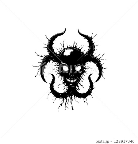 Creepy and striking black and white skull with tentacle illustration on white Creepy and striking black and white skull with tentacle illustration on white 128917340