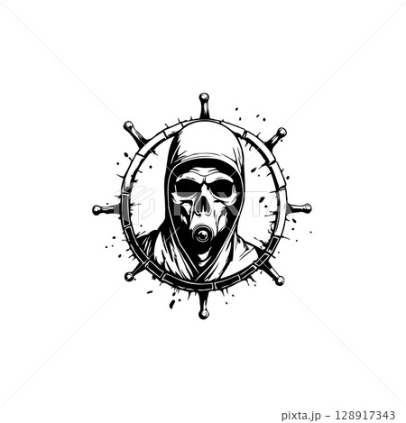 Skull in Gas Mask with Ship Wheel: A Dark Nautical Themed Vector Illustration 128917343