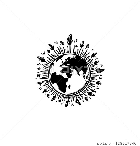 Earth globe surrounded by plant life, representing environmental conservation 128917346