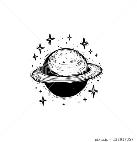 Saturn planet with rings surrounded by stars in hand drawn engraving style Saturn planet with rings surrounded by stars in hand drawn engraving style 128917357