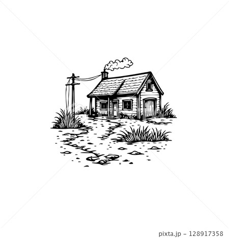 Charming Sketch of a Rural House with a Chimney Emitting Smoke in Black and White 128917358