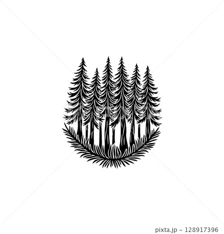 Monochrome Illustration of a Dense Pine Forest in a Circular Arrangement Monochrome Illustration of a Dense Pine Forest in a Circular Arrangement 128917396