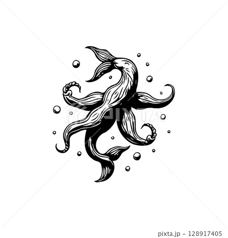 Mystical sea creature illustration with tentacles and bubbles in monochrome style Mystical sea creature illustration with tentacles and bubbles in monochrome style 128917405