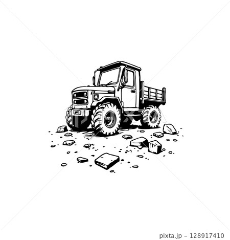A Line Art Illustration of a Vintage Off-Road Vehicle on a Rocky Surface 128917410