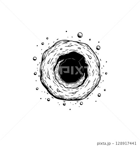 Monochromatic black hole illustration surrounded by floating particles design Monochromatic black hole illustration surrounded by floating particles design 128917441