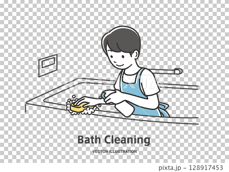 風呂を掃除する若い男性のイラスト素材 128917453