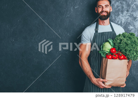 Happy Man Holding Fresh Organic Vegetables in Paper Bag Against Dark Background 128917479