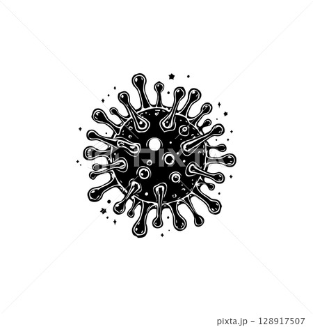Detailed monochrome illustration of a virus particle in striking black and white Detailed monochrome illustration of a virus particle in striking black and white 128917507