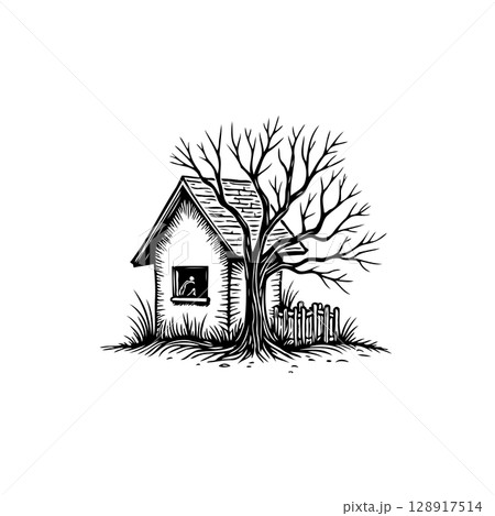 Stylized black and white illustration of a house with a tree aesthetic image Stylized black and white illustration of a house with a tree aesthetic image 128917514