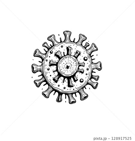 Monochrome illustration of a coronavirus cell, representing a global health threat 128917525