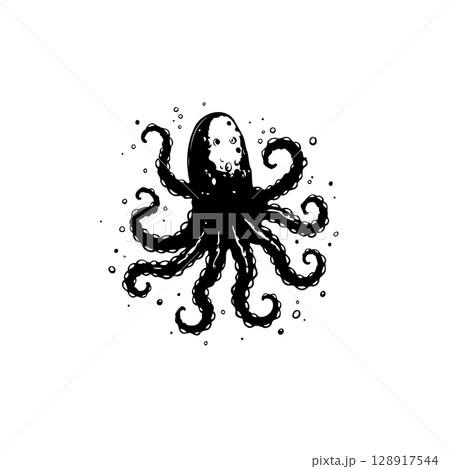 Intricate black and white octopus illustration with detailed tentacle curls Intricate black and white octopus illustration with detailed tentacle curls 128917544