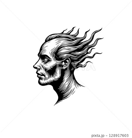 Monochrome portrait of a person with stylized hair, artistic and unique design 128917603