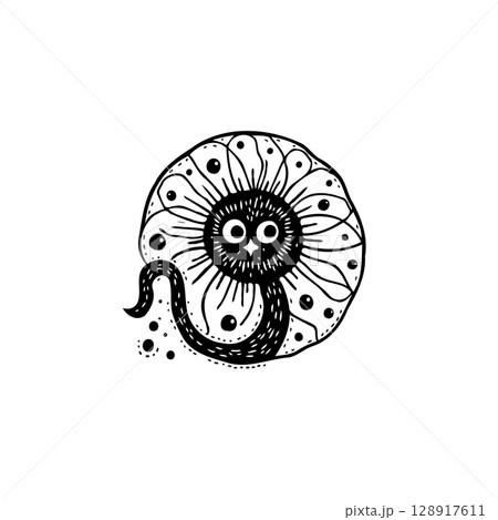 Whimsical Creature: A Cute Black and White Cartoon Character Illustration on White Background 128917611