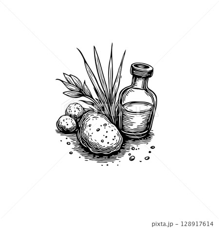 Artistic depiction of a skincare routine featuring natural elements and a bottle Artistic depiction of a skincare routine featuring natural elements and a bottle 128917614