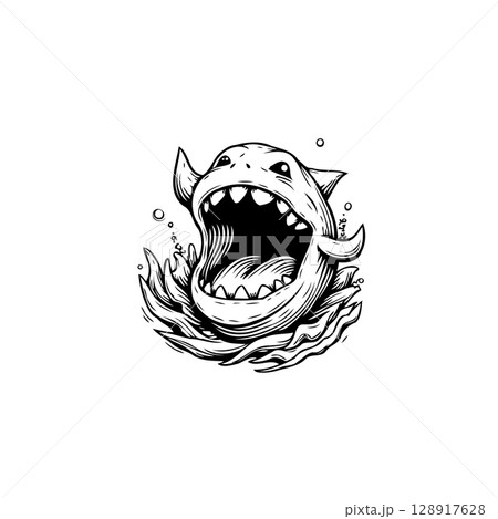 Cartoon shark with open mouth amidst turbulent water, creating a striking and dynamic imagery Cartoon shark with open mouth amidst turbulent water, creating a striking and dynamic imagery 128917628