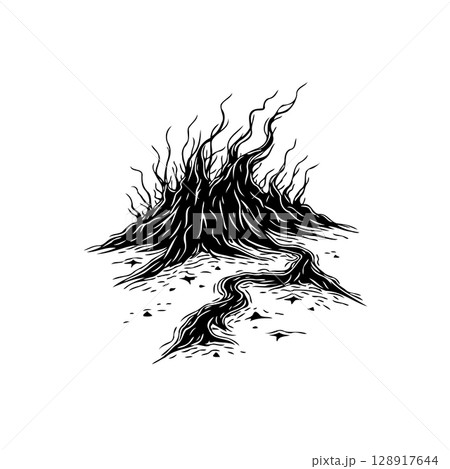 Abstract monochrome drawing of an eerie tree with barren branches in a desolate landscape Abstract monochrome drawing of an eerie tree with barren branches in a desolate landscape 128917644