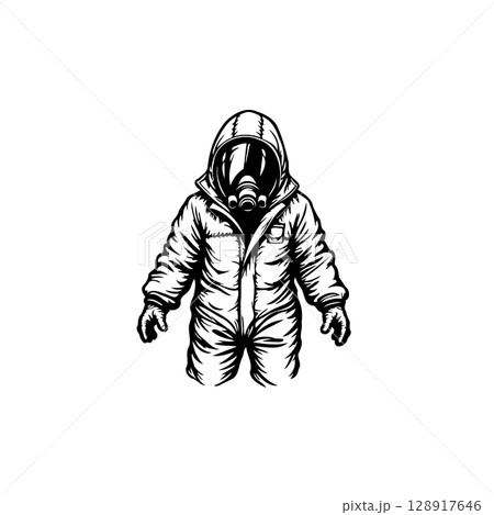 Monochrome illustration of a person in hazmat suit, conveying danger and protection 128917646
