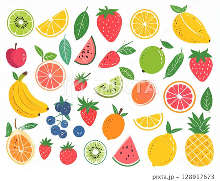 カラフルなフルーツのイラストの背景素材 128917673