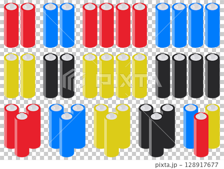 Illustrations of four-color dry cell batteries in sets of two, three, and four Illustrations of four-color dry cell batteries in sets of two, three, and four 128917677
