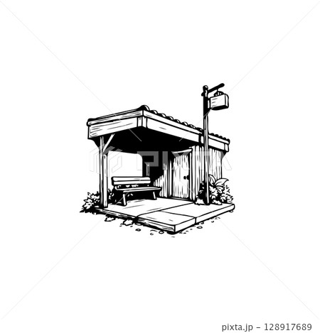 Black and White Illustration of a Simple Bus Stop with Bench and Signpost 128917689