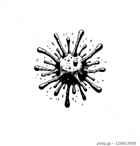 Black and White Illustration of Virus or Bacteria with Sharp Projections 128917695